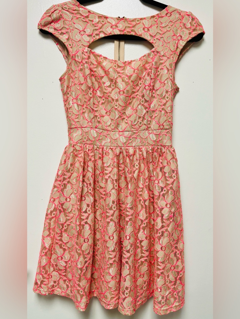 Short Sleeve Neon Pink and Cream Floral Lace Fit-and-Flare Dress